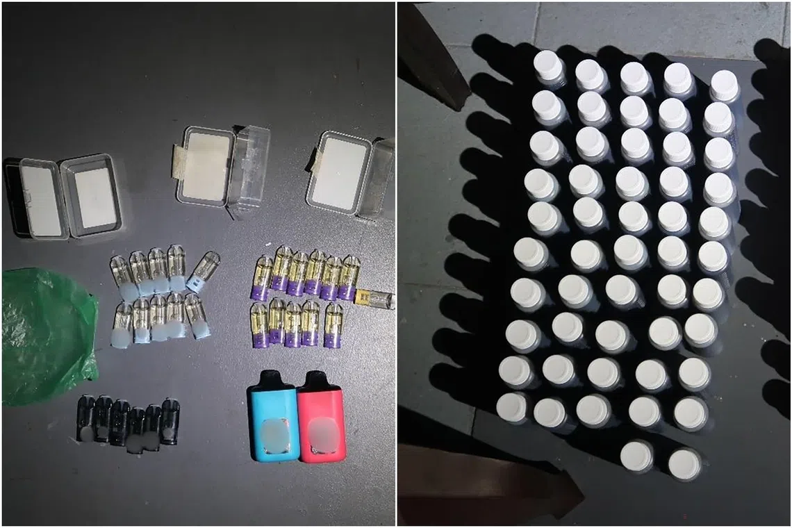 HSA officers found and seized 33 vapes and pods, 104 bottles of cough syrup, prescription medicines including over 3,500 tablets of diazepam and codeine phosphate.