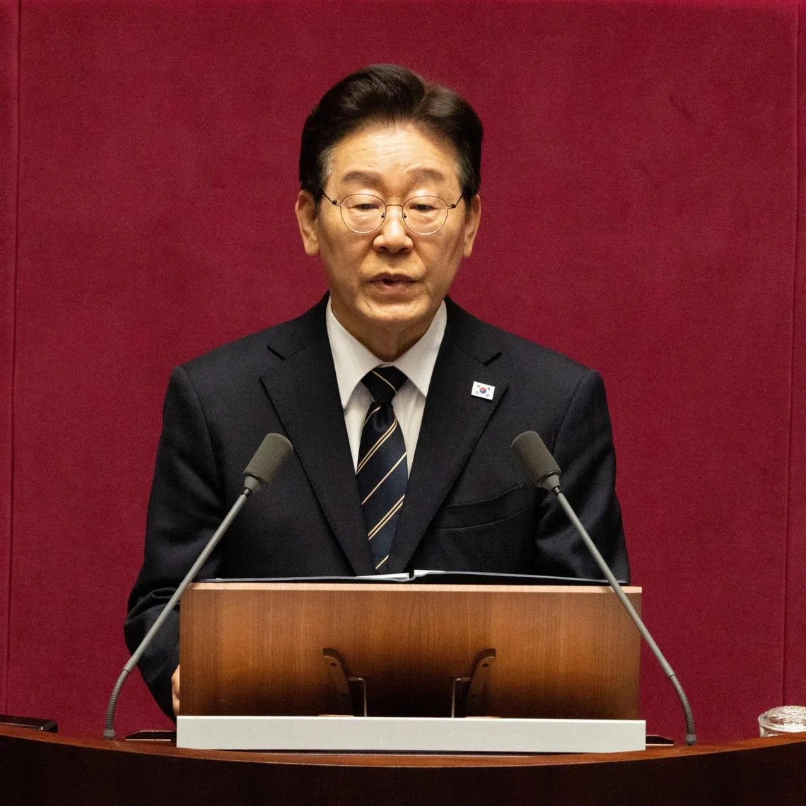 South Korean President Lee Jae Myung gives a speech on the Government's first supplemetary budget bill of 2026 at the National Assembly in Seoul, South Korea, 02 April 2026. JEON HEON-KYUN/Pool via REUTERS