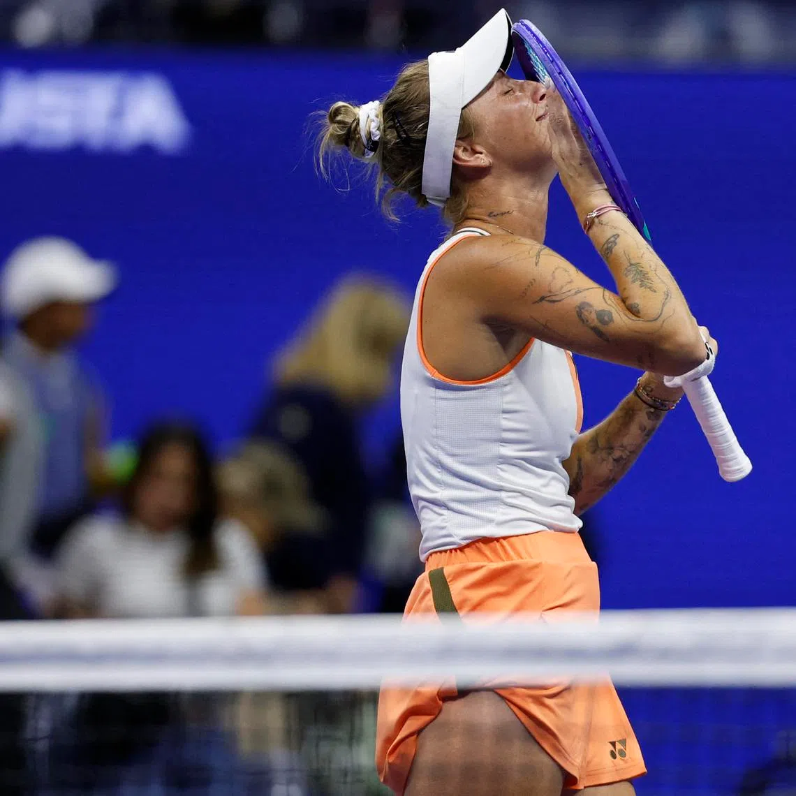 Aug 31, 2025; Flushing, NY, USA; Marketa Vondrousova celebrates after her match against Elena Rybakina (KAZ) (not pictured) on day eight of the 2025 US Open tennis championships at Billie Jean King National Tennis Center. Mandatory Credit: Geoff Burke-Imagn Images