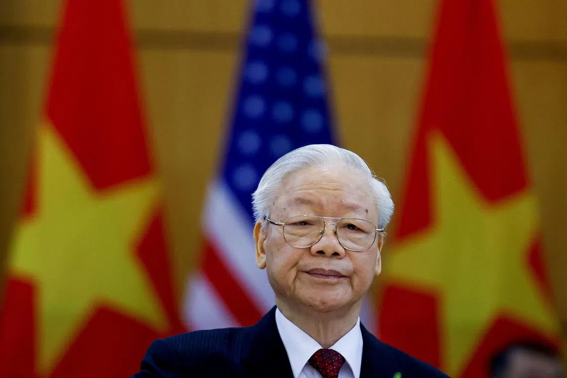 FILE PHOTO: Vietnam's Communist Party General Secretary Nguyen Phu Trong attends a joint statement with U.S. President Joe Biden at the Communist Party of Vietnam Headquarters in Hanoi, Vietnam, September 10, 2023. REUTERS/Evelyn Hockstein/File Photo