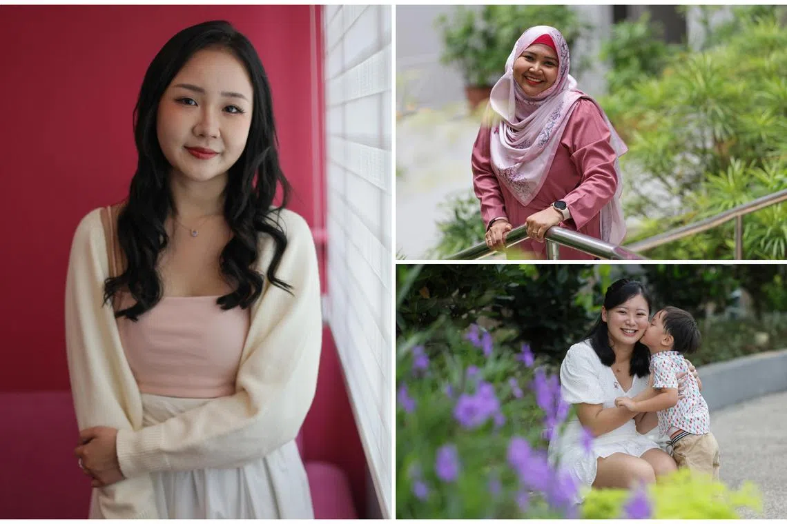 (Clockwise from left) Ms Jamie Ng, Ms Aisha Jiffry and Ms Dawn Chua, 32, with her three-and-a-half-year-old son, Matthias Koh.