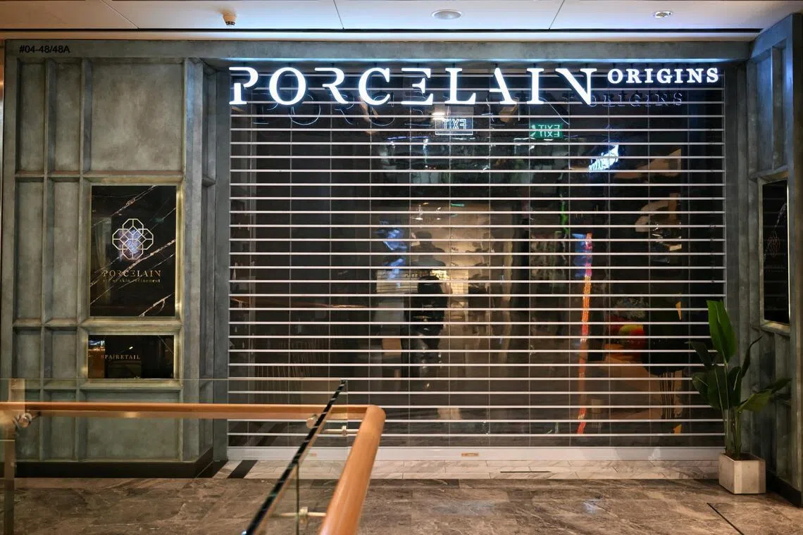 Shuttered facade of Porcelain Origins at The Paragon, on Apr 22, 2026.