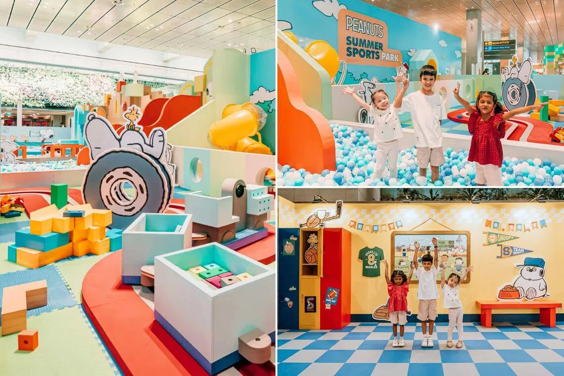 Kids can burn off energy at Peanuts Summer Sports Park and take fun photos in the "locker room".