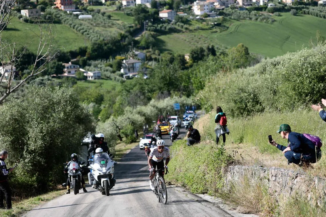 UAE Team Emirates-XRG's Ecuadorian rider Jhonatan Narvaez leads the 8th stage of the Giro d'Italia 2026-Tour of Italy cycling race between Chieti and Fermo, central Italy on May 16, 2026.
