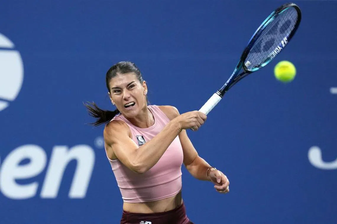 Sep 1, 2023; Flushing, NY, USA; Sorana Cirstea of Romania hits to Elena Rybakina of Kazakhstan on day five of the 2023 U.S. Open tennis tournament at USTA Billie Jean King National Tennis Center. Mandatory Credit: Danielle Parhizkaran-USA TODAY Sports