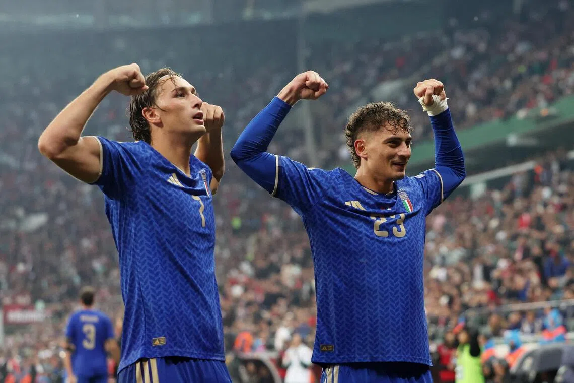 Italy’s Pio Esposito (left) scored the third goal against Turkey, six days after he scored against the same opposition.