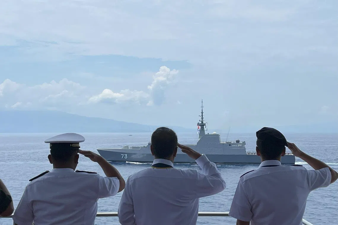 RSS Supreme was reviewed by the Philippines’ Officer in Charge of the Department of National Defence, Carlito Galvez Jr. (middle) during the Asean Fleet Review on 11 May 2023.