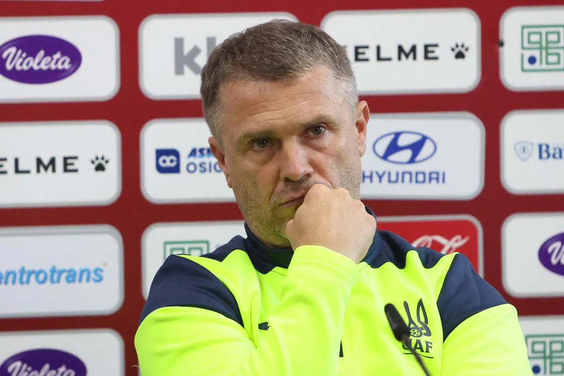 FILE PHOTO: Soccer Football - Euro 2024 Qualifier - Ukraine Press Conference - Stadium Bilino polje, Zenica, Bosnia and Herzegovina - March 20, 2024 Ukranian coach Serhiy Rebrov during the press conference REUTERS/Amel Emric/File Photo