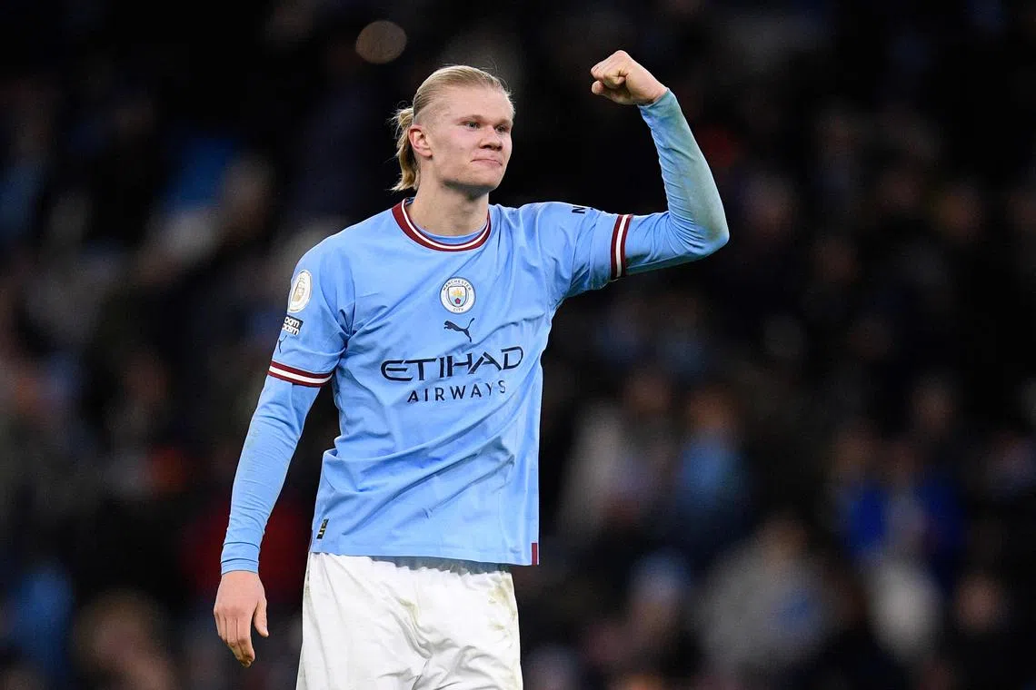 Manchester City's Norwegian striker Erling Haaland celebrates after the match between Manchester City and Tottenham Hotspur on January 19.