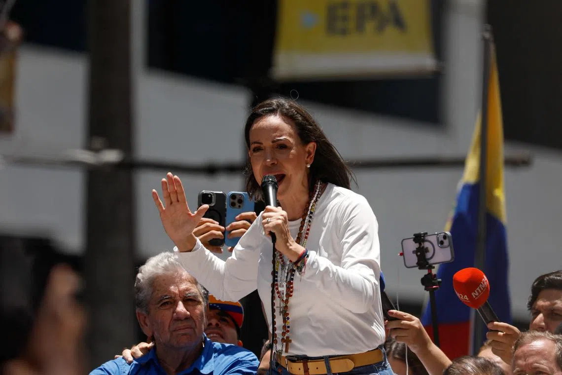 FILE PHOTO: Venezuelan opposition leader Maria Corina Machado speaks during a protest in Caracas, Venezuela August 28, 2024. REUTERS/Leonardo Fernandez Viloria/ File Photo