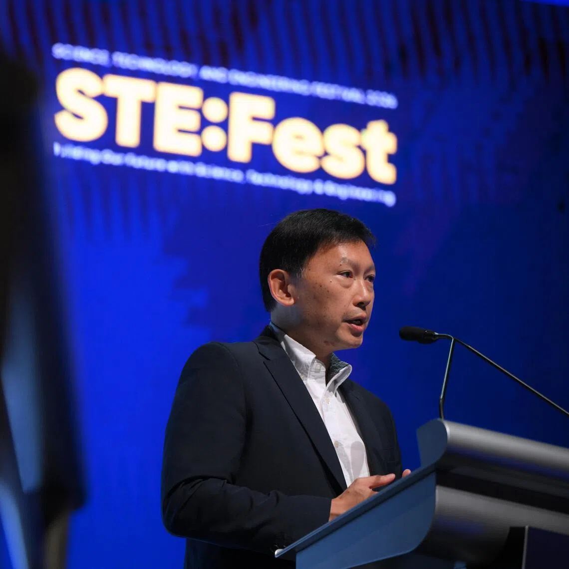 Chee Hong Tat, Minister for National Development, gives his opening address at STE:Fest 2026, held at the University Cultural Centre on May 19, 2026.