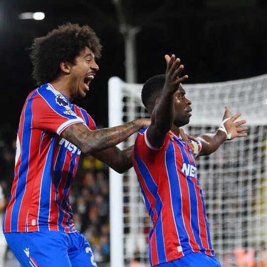 Crystal Palace's Marc Guehi celebrates scoring their second goal with Chris Richards.