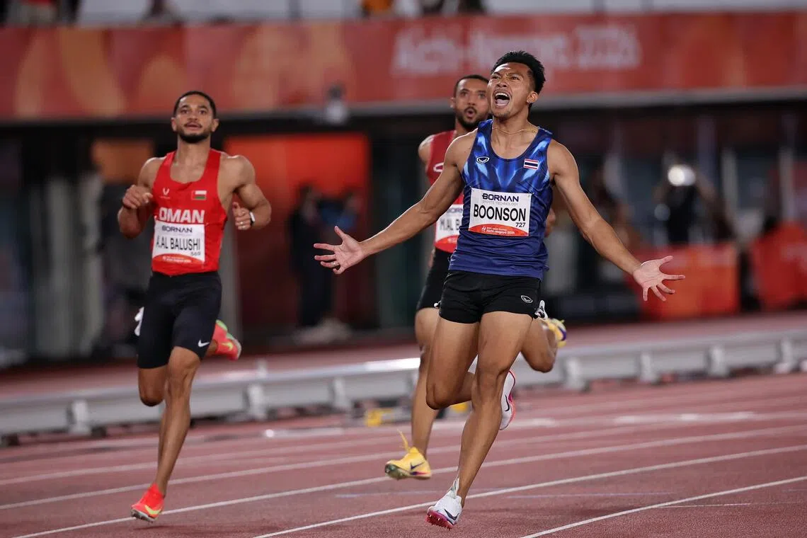 Puripol Boonson of Thailand reacts after a games record of 9.90s in the Asian Games Athletics Men?s 100m final at the Paloma Mizuho Stadium in Nagoya, Japan on Sept 25, 2026. ST PHOTO: KEVIN LIM pixag25
