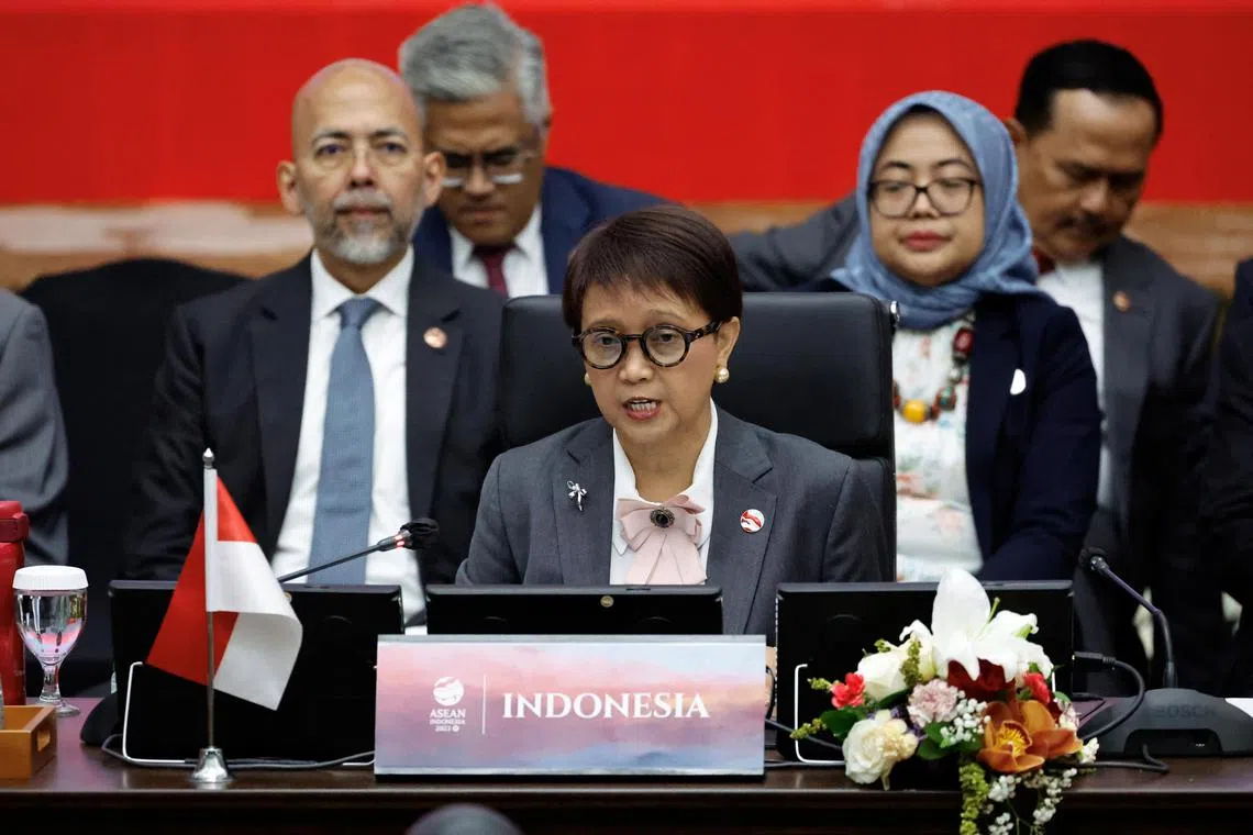 Indonesian Foreign Minister Retno Marsudi delivers her remarks during the 34th ASEAN Coordinating Council (ACC) meeting, ahead of the ASEAN Summit, at the ASEAN Secretariat in Jakarta, Indonesia, September 4, 2023. REUTERS/Willy Kurniawan/Pool