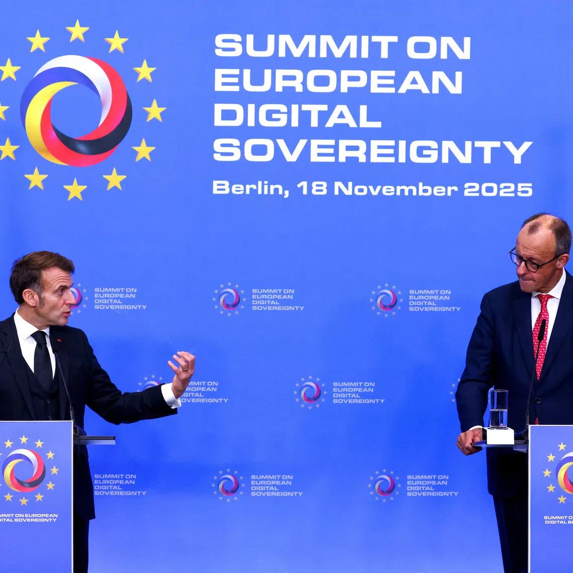 German Chancellor Friedrich Merz and French President Emmanuel Macron attend a joint press conference on the day of a Summit on European Digital Sovereignty, a high-level Franco-German meeting focused on discussing Europe's digital future, security, and independence, in Berlin, Germany, November 18, 2025.  REUTERS/Christian Mang