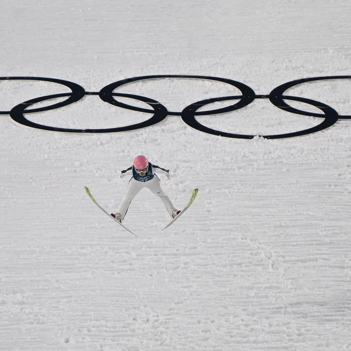 A female ski jumper competing at the Milano Cortina 2026 Winter Olympic Games on Feb 5. 