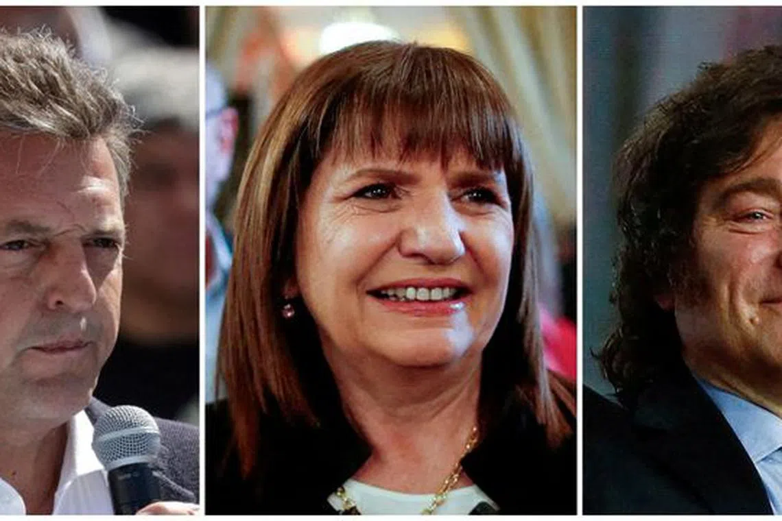 FILE PHOTO: A combination picture shows Argentina's presidential candidates Sergio Massa (L) of Union por la Patria party as he addresses the audience during a workers' meeting on September 29, 2023, Patricia Bullrich (C) of Juntos por el Cambio party as she attends a business event on August 24, 2023, and Javier Milei for La Libertad Avanza party as he gestures during a campaign rally, on September 22, 2023, in Buenos Aires, Argentina. REUTERS/Tomas Cuesta/Agustin Marcarian/File Photo