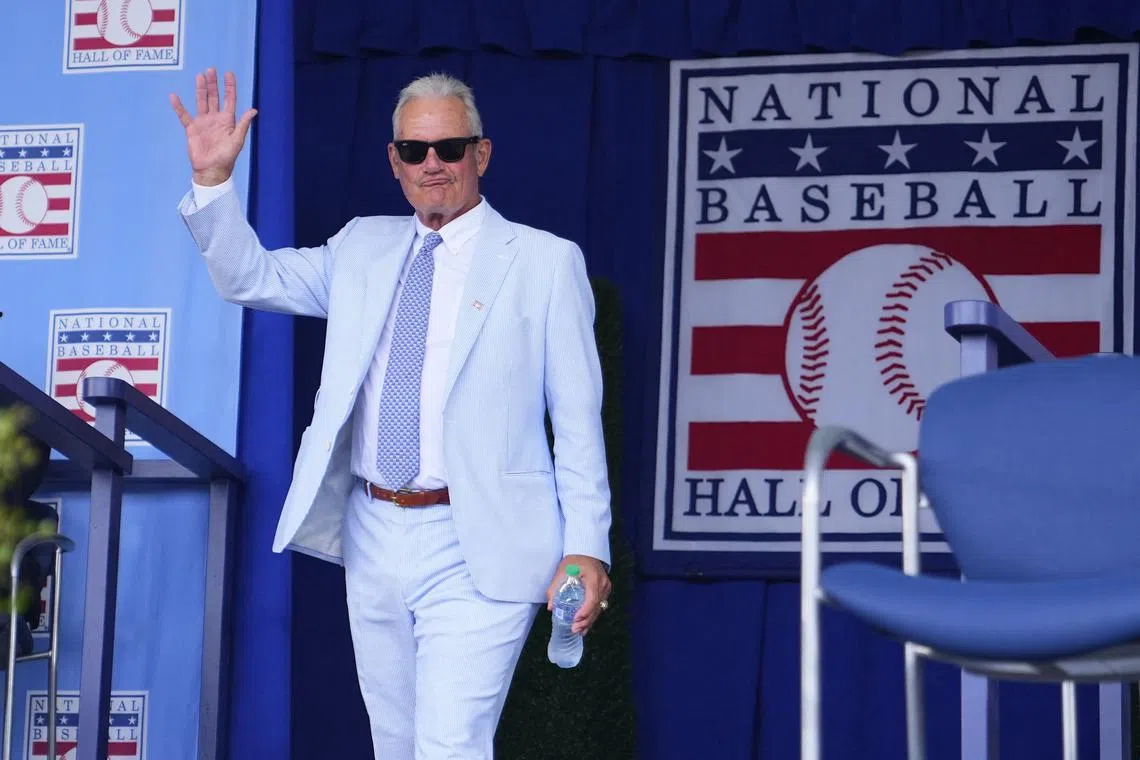 Jul 21, 2024; Cooperstown, New York, USA;  Hall of Famer Ryne Sandberg is introduced during the National Baseball Hall of Fame Induction Ceremony in Cooperstown, NY. Gregory Fisher-USA TODAY Sports/File Photo