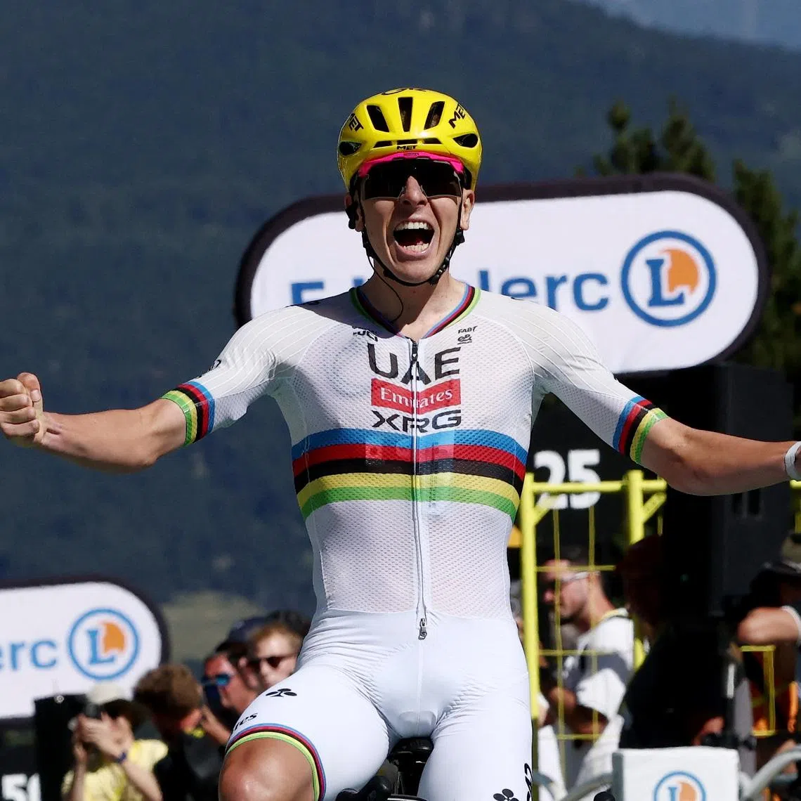 Cycling - Tour de France - Stage 3 - Granollers to Les Angles - Les Angles, France - July 6, 2026  UAE Team Emirates - XRG's Tadej Pogacar celebrates winning stage 3 REUTERS/Gonzalo Fuentes