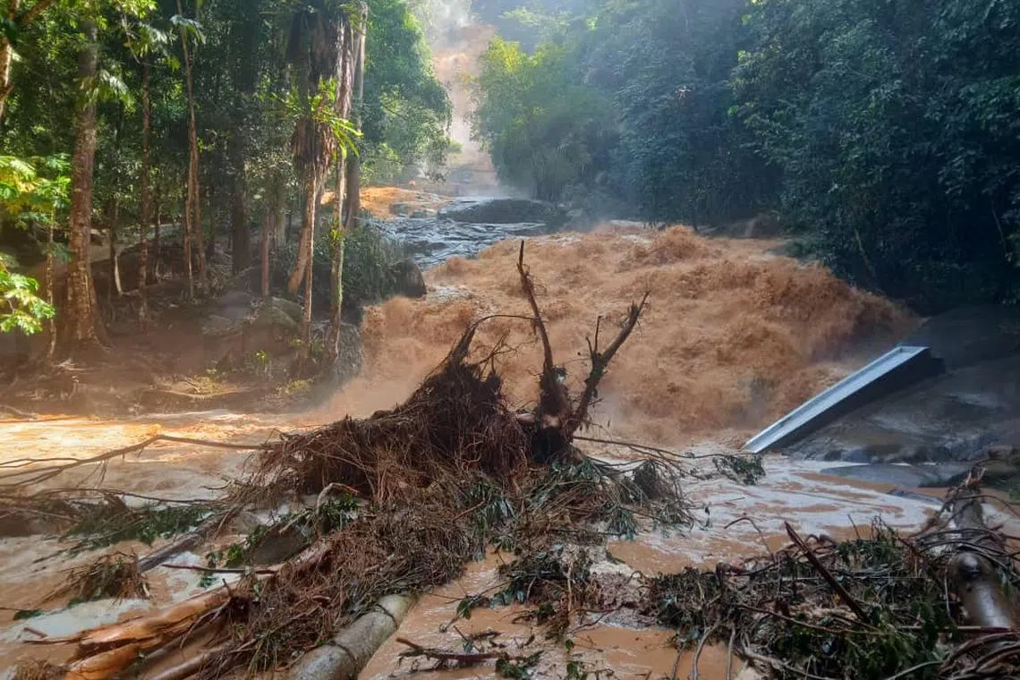 Water surges at rivers in the Lata Kinjang Forest Eco-Park in Tapah, Perak on May 13.