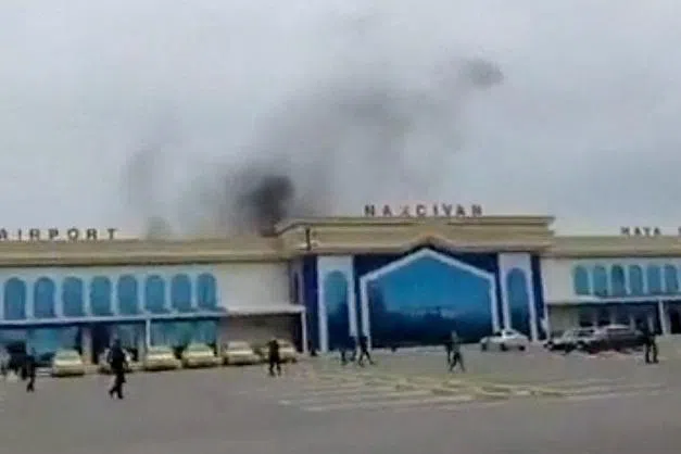 Smoke rises following a drone explosion at the airport of Nakhchivan, Azerbaijan, in this screengrab obtained from a social media video released March 5, 2026. Social Media/via REUTERS