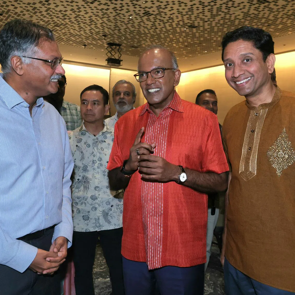 (From left) Senior Minister of State for Transport and Law Murali Pillai, Minister for Home Affairs K. Shanmugam and Minister of State for Manpower and Culture, Community and Youth Dinesh Vasu Dash at a reception organised by PA’s Indian Activity Executive Committees Council on Aug 7.