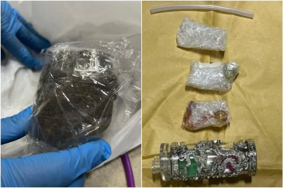 The police recovered 55g of cannabis, 18g of Ice, two tablets and fragments of Ecstasy, and various drug utensils.