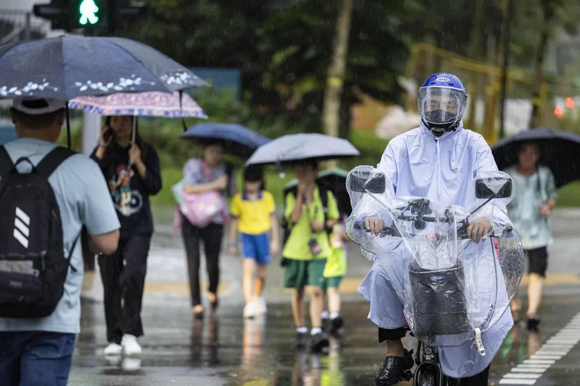 Pedestrians making their way through the rain-drenched streets of Clementi, umbrellas in hand, as Jan 10, 2025,