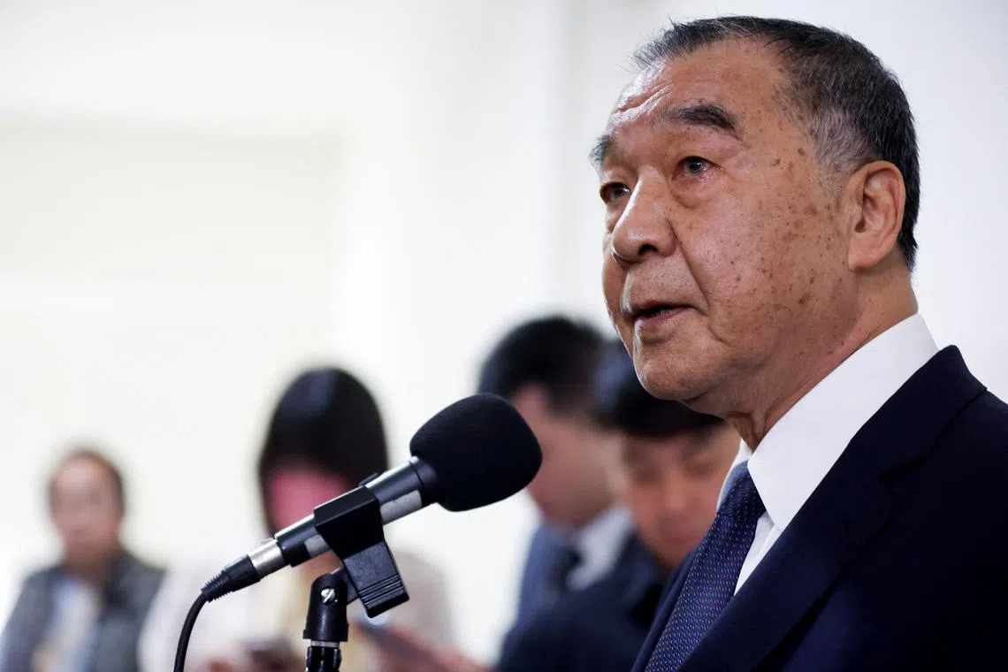 Taiwanese Defence Minister Chiu Kuo-cheng talks to the media before attending a parliament session in Taipei, Taiwan April 6, 2023. REUTERS/Carlos Garcia Rawlins/File Photo