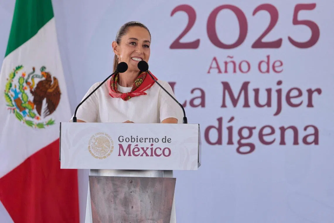 Mexico's President Claudia Sheinbaum speaks during an event in Texcoco, Mexico May 3, 2025. Mexico Presidency/Handout via REUTERS