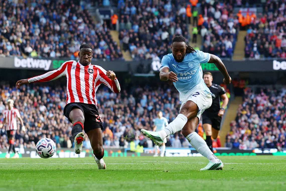 Manchester City's Antoine Semenyo scores their fourth goal against Sunderland on Sept 20.