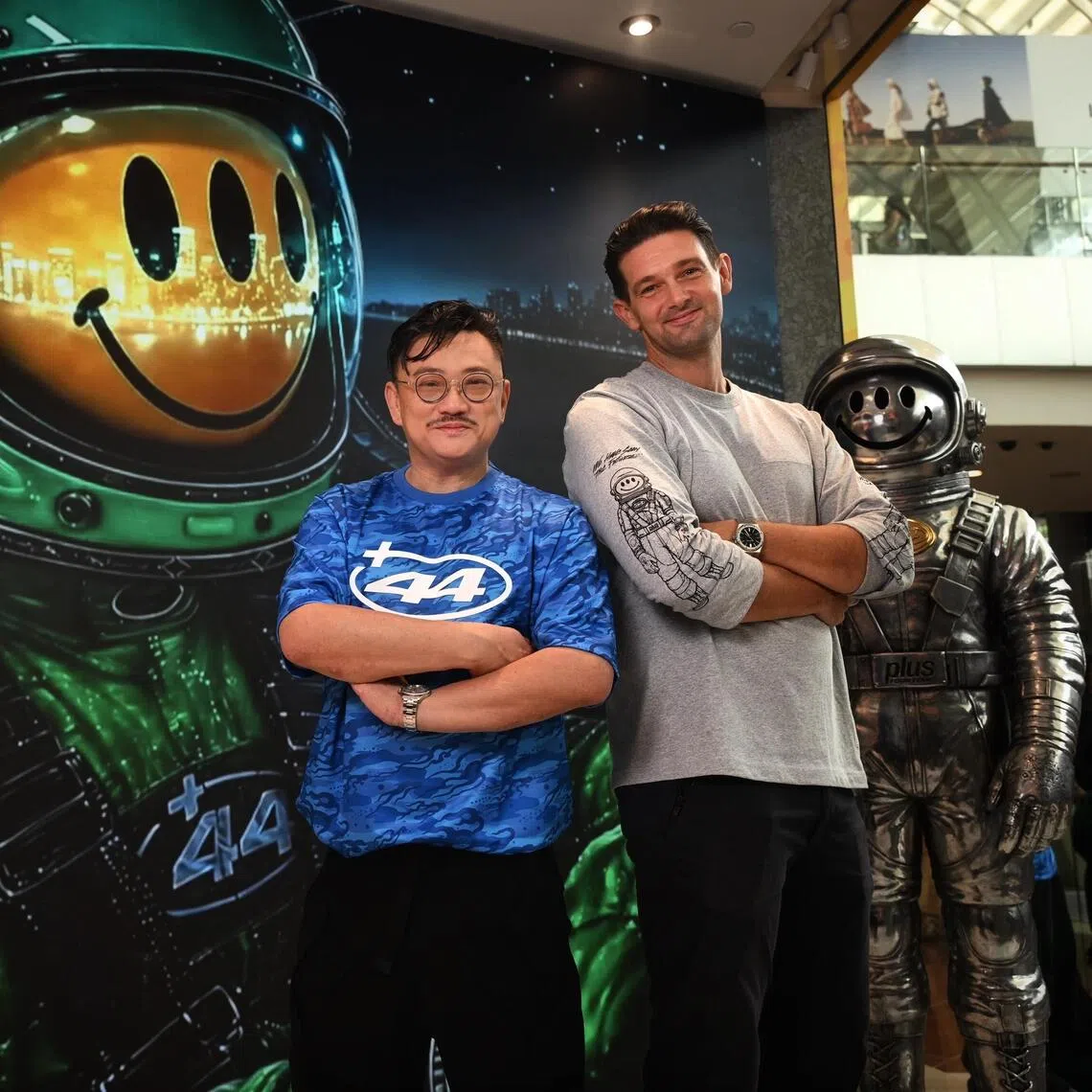Singaporean pop artist Jahan Loh (left) and Joe Maloney at the Plus44 pop-up boutique on Oct 5.