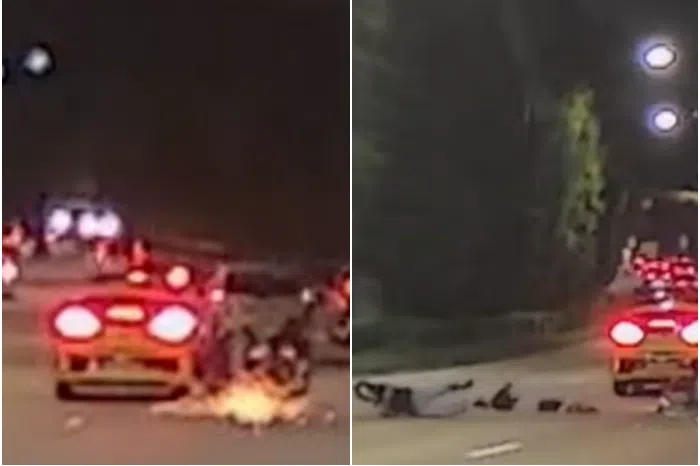 In dashcam footage of the accident posted online, sparks can be seen as the motorbike crashes onto the road.