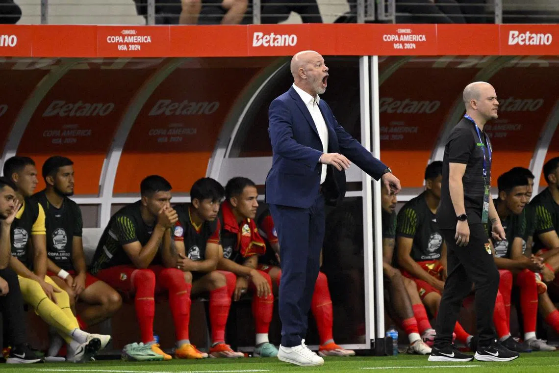 FILE PHOTO: Jun 23, 2024; Arlington, TX, USA; Bolivia head coach Antonio Carlos Zago reacts to a play during the first half against the United States in a 2024 Copa America match at AT&T Stadium. Mandatory Credit: Jerome Miron-USA TODAY Sports