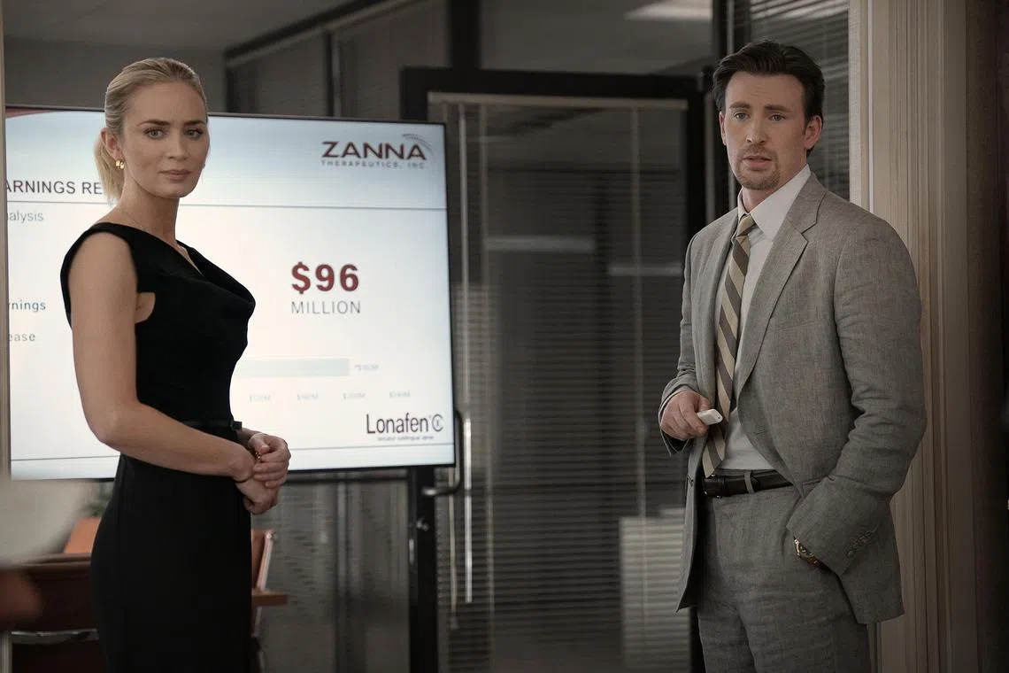 adpain25 - Emily Blunt (left) and Chris Evans in Pain Hustlers

Source/copyright: Netflix