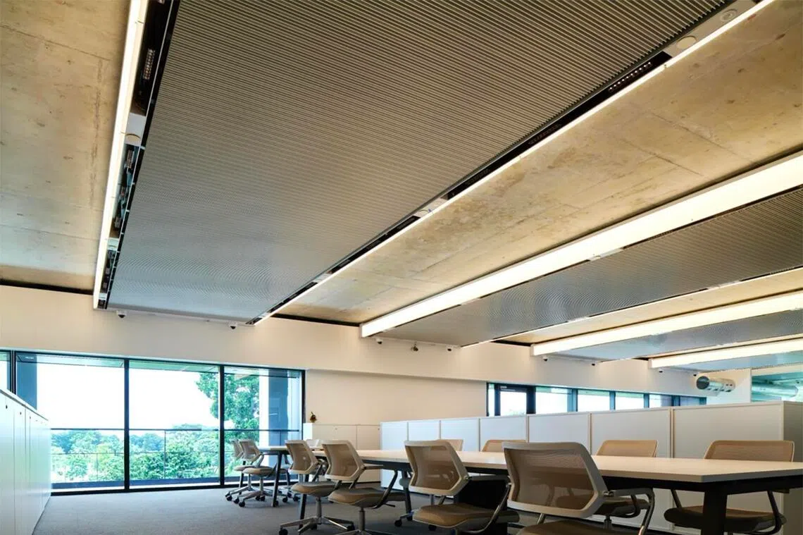 Radiant cooling panels attached to a ceiling within The GEAR.