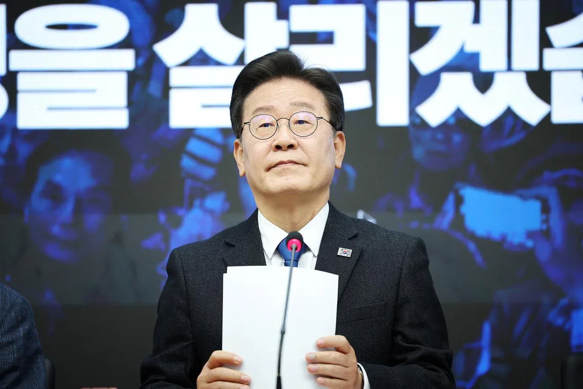 FILE PHOTO: Lee Jae-myung, leader of the main opposition Democratic Party, attends an event to disband the election camp for the 22nd parliamentary election in Seoul, South Korea, April 11, 2024.   REUTERS/Kim Hong-Ji/File Photo