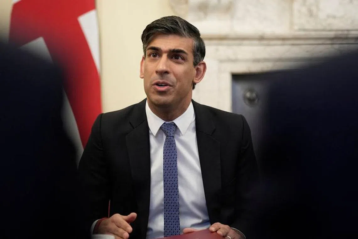 FILE PHOTO: British Prime Minister Rishi Sunak speaks as he holds a Cabinet meeting inside 10 Downing Street in London, Nov. 14, 2023. Kin Cheung/Pool via REUTERS/File photo