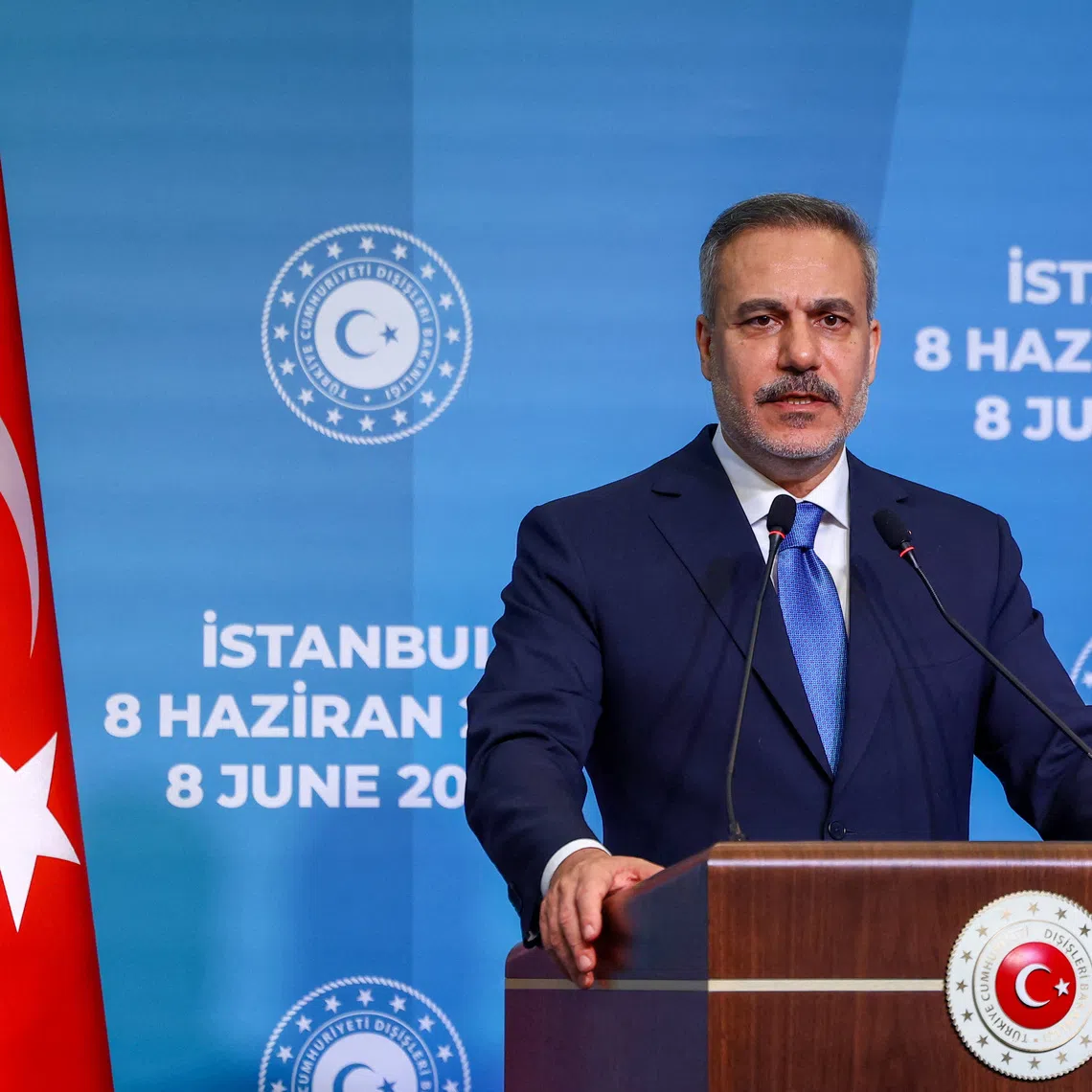 Turkish Foreign Minister Hakan Fidan speaks during a press conference with his counterparts Jeyhun Bayramov of Azerbaijan and Maka Bochorishvili of Georgia (not pictured) after their meeting in Istanbul, Turkey, June 8, 2026. REUTERS/Dilara Senkaya