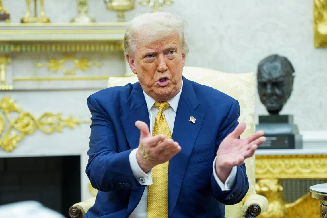 epa12241586 United States President Donald J. Trump gives remarks as he meets Bahrain's Prime Minister and Crown Prince Sheikh Salman bin Hamad al-Khalifa in the Oval Office of the White House in Washington, DC, USA, 16 July 2025.  EPA/AARON SCHWARTZ / POOL
