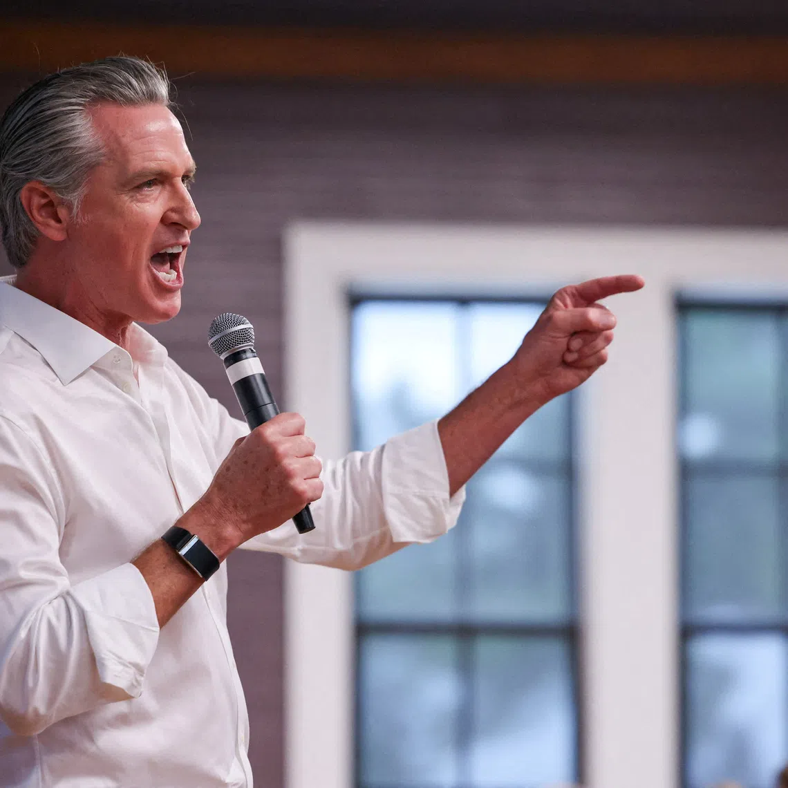 FILE PHOTO: California Governor Gavin Newsom speaks as he meets voters and local leaders while campaigning for Democrats ahead of mid-term elections in Aiken, South Carolina, U.S. September 4, 2026.  REUTERS/Sam Wolfe/File Photo