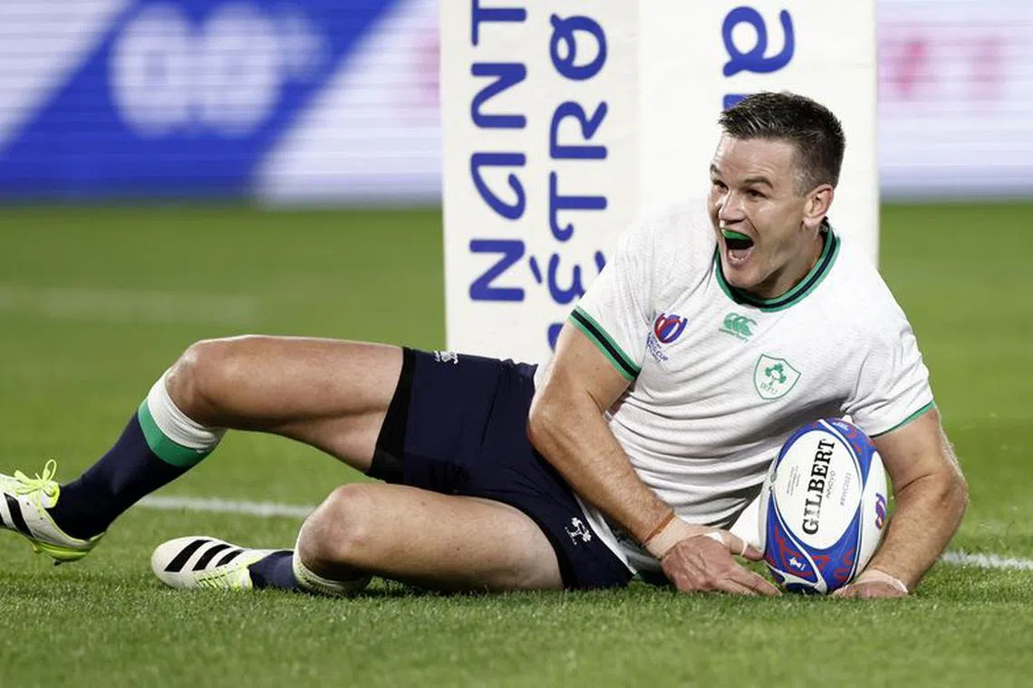 Rugby Union - Rugby World Cup 2023 - Pool B - Ireland v Tonga - The Stade de la Beaujoire - Louis Fonteneau, Nantes, France - September 16, 2023  Ireland's Johnny Sexton celebrates scoring their fourth try REUTERS/Benoit Tessier