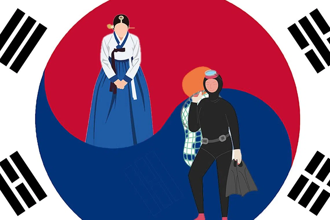 An image of a lady wearing hanbok and a haenyeo (sea women) superimposed into the South Korea flag.