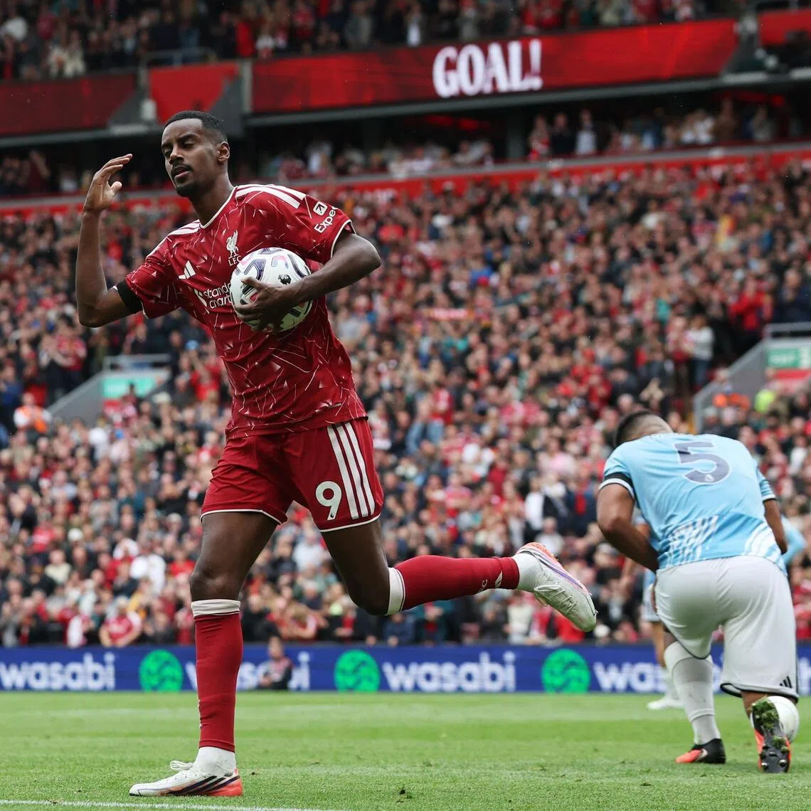 Liverpool’s Alexander Isak celebrates scoring their first goal. The team’s improvement after the break was unmistakable.