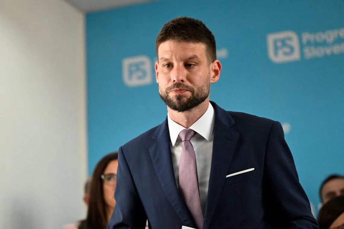 Progressive Slovakia party leader Michal Simecka attends a press conference after the country's early parliamentary elections, in Bratislava, Slovakia, October 1, 2023. REUTERS/Radovan Stoklasa