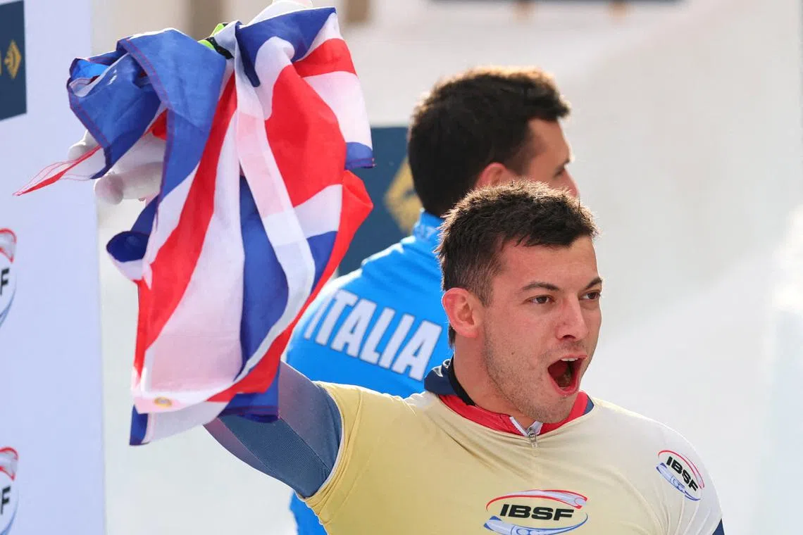 FILE PHOTO: Bobsleigh and Skeleton - IBSF World Championships - St. Moritz-Celerina Olympia Bobrun track, St. Moritz, Switzerland - January 9, 2026 Britain's Matt Weston celebrates after winning the men's skeleton REUTERS/Denis Balibouse/File Photo