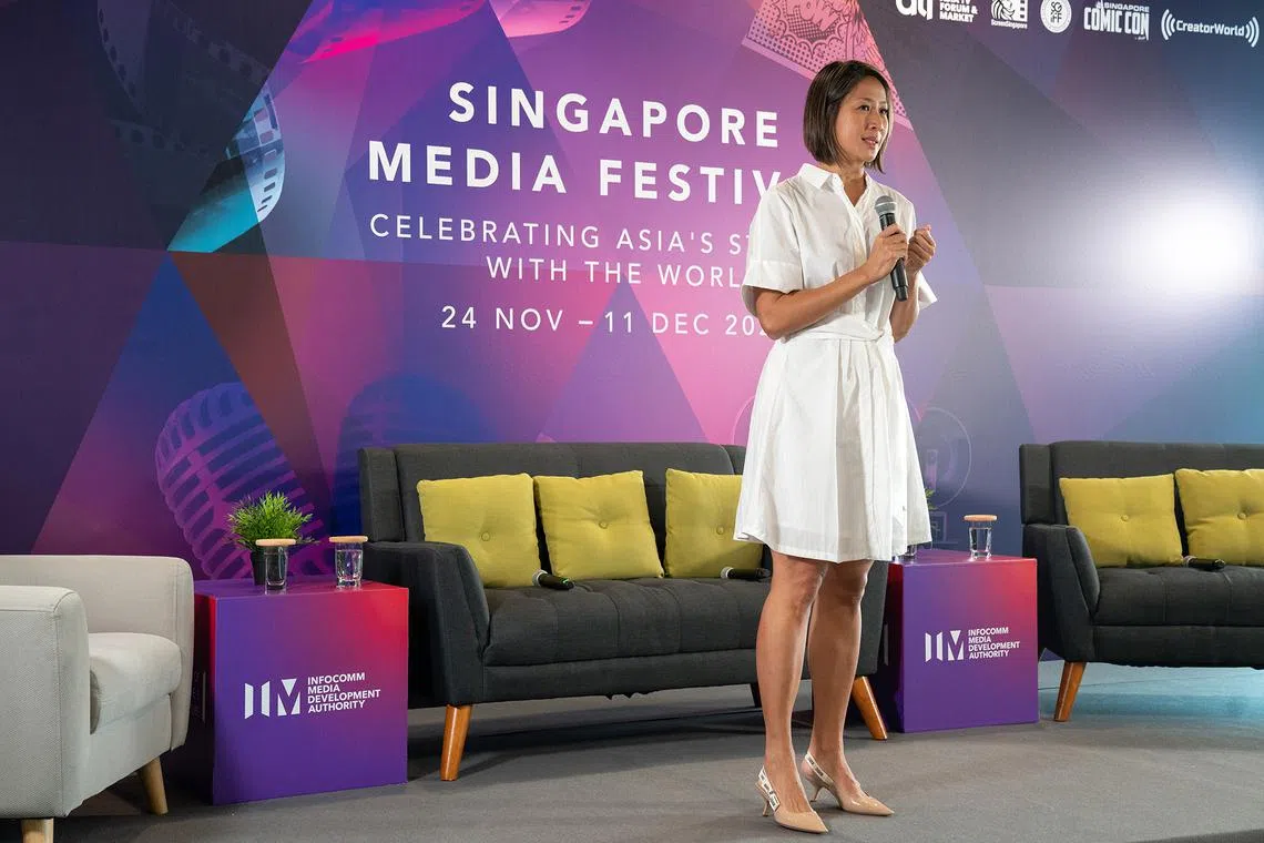 Ms Jean Ng, Cluster Director of the Media Industry Cluster, Infocomm Media Development Authority, speaking to press and guests to the media engagement session for Singapore Media Festival (SMF) 2022.

source: Infocomm Media Development Authority (IMDA)