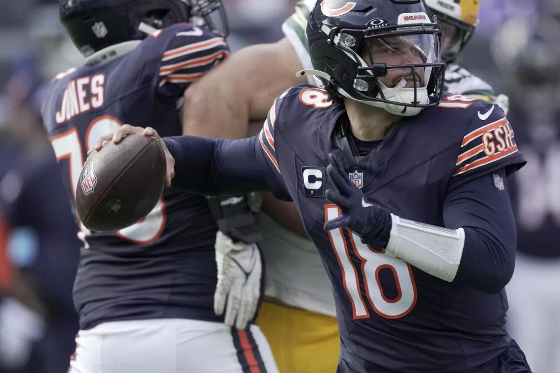 Nov 17, 2024; Chicago, Illinois, USA; Chicago Bears quarterback Caleb Williams (18) throws  during the fourth quarter of their game Sunday, November 17, 2024 at Soldier Field in Chicago, Illinois. The Green Bay Packers beat the Chicago Bears 20-19. Mandatory Credit: Mark Hoffman/USA TODAY Network via Imagn Images/ File Photo