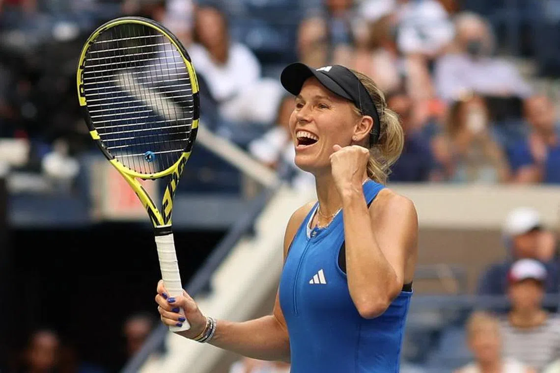 Tennis - U.S. Open - Flushing Meadows, New York, United States - September 1, 2023 Denmark's Caroline Wozniacki celebrates winning her third round match against Jennifer Brady of the U.S. REUTERS/Mike Segar