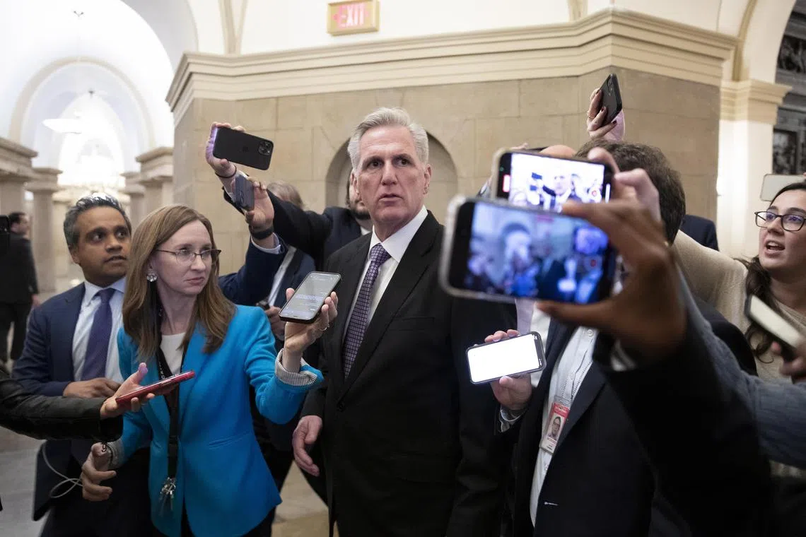 epa10389708 House Republican Leader Kevin McCarthy (C) is followed by members of the news media following meetings with Republican House members who have voted against him becoming the next Speaker of the House, on Capitol Hill in Washington, DC, USA 04 January 2023. After numerous rounds of voting McCarthy has so far failed to secure enough votes to become House Speaker and faces serious opposition from his own Republican caucus, putting his bid for Speaker of the House in jeopardy.  EPA-EFE/MICHAEL REYNOLDS